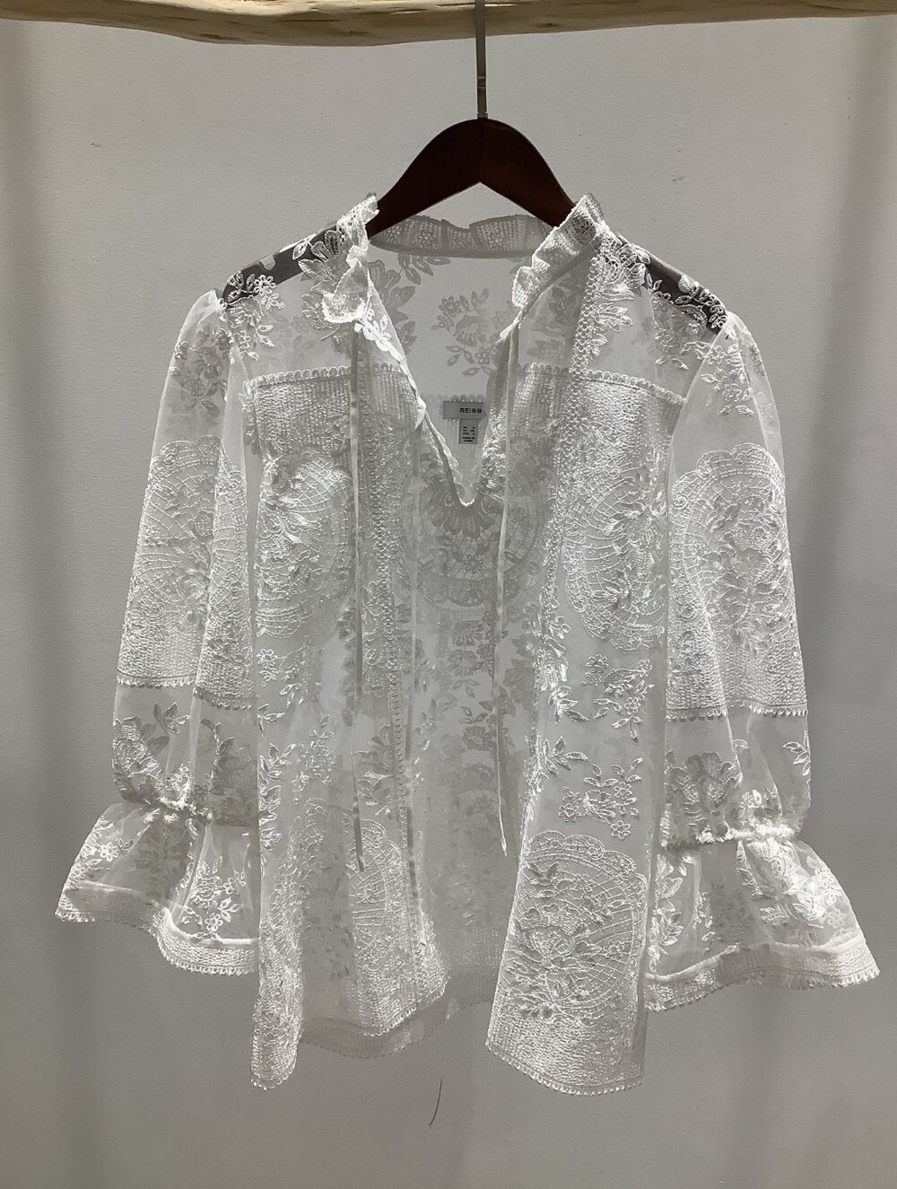 Reiss Demi Sheer Lace Tie-Neck Blouse in Ivory - Picture 10 of 16